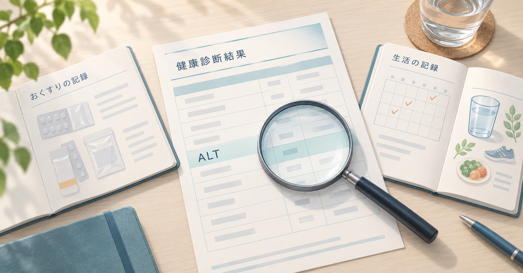 ALTの健康診断結果と、おくすりの記録・生活の記録を机に並べて確認するイラスト