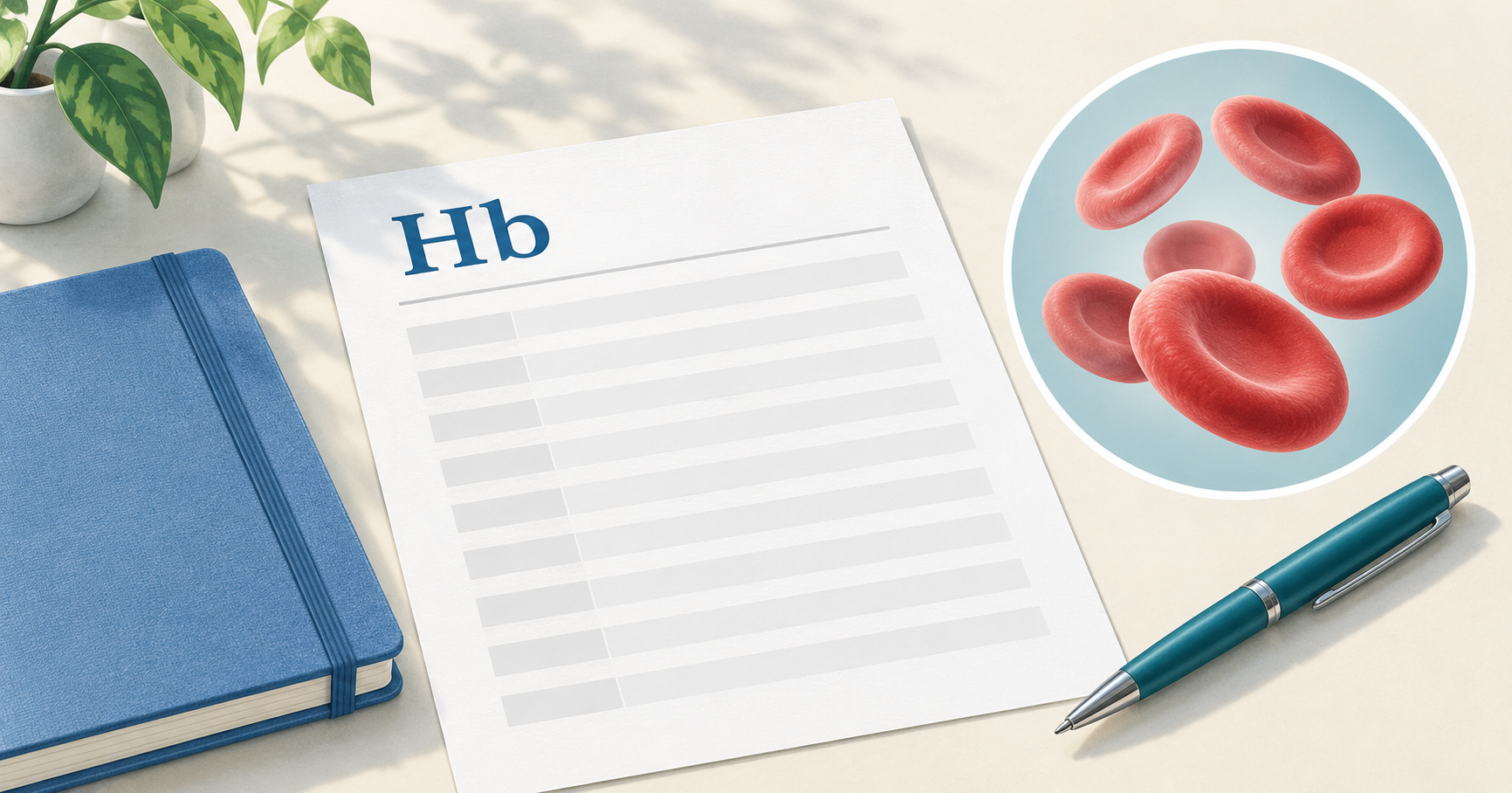 Hbの検査用紙、青い手帳とペン、赤血球を表すイラスト