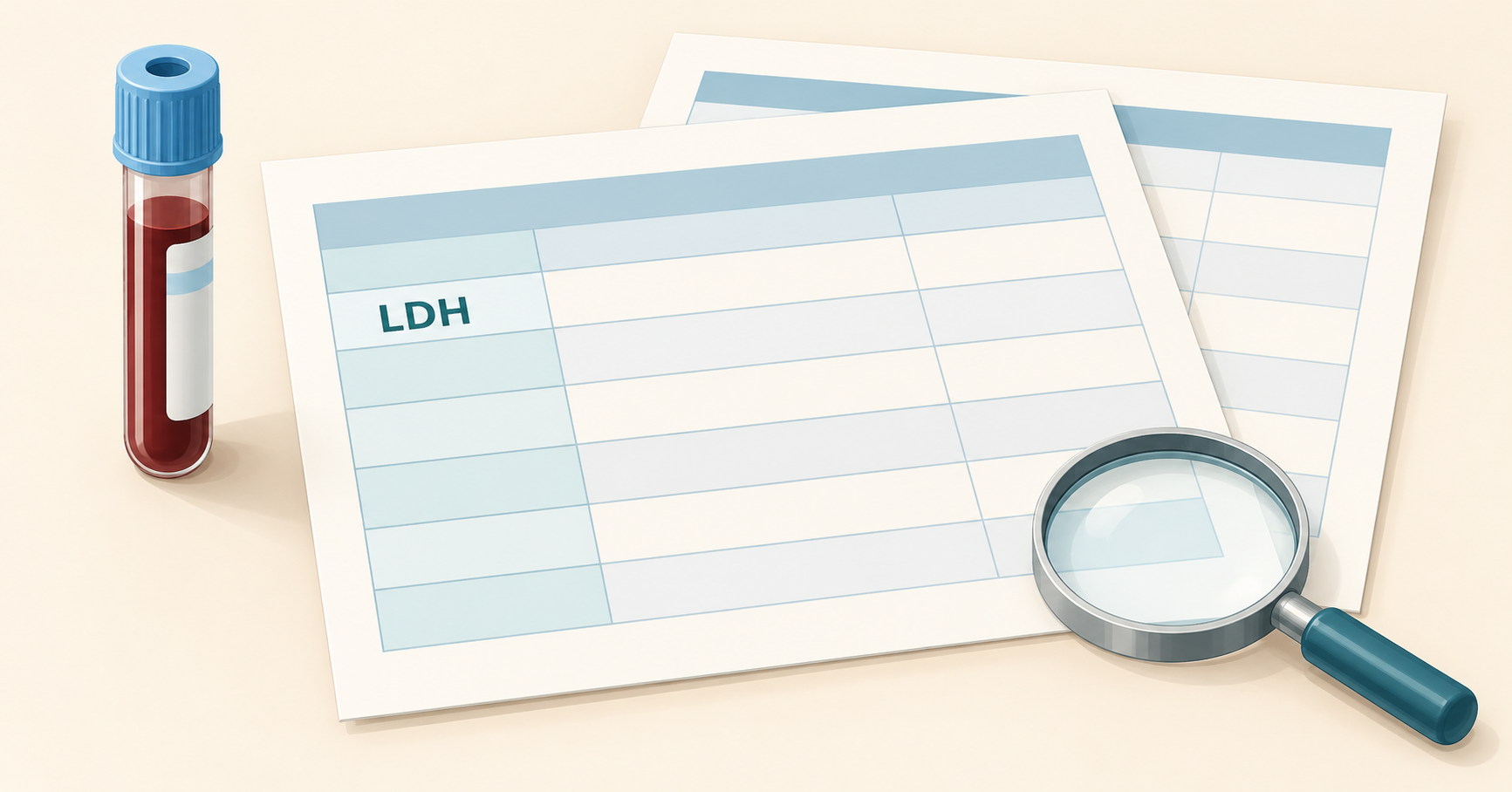 LDHと書かれた検査用紙、比較用の用紙、ふた付き採血管と虫眼鏡のイラスト